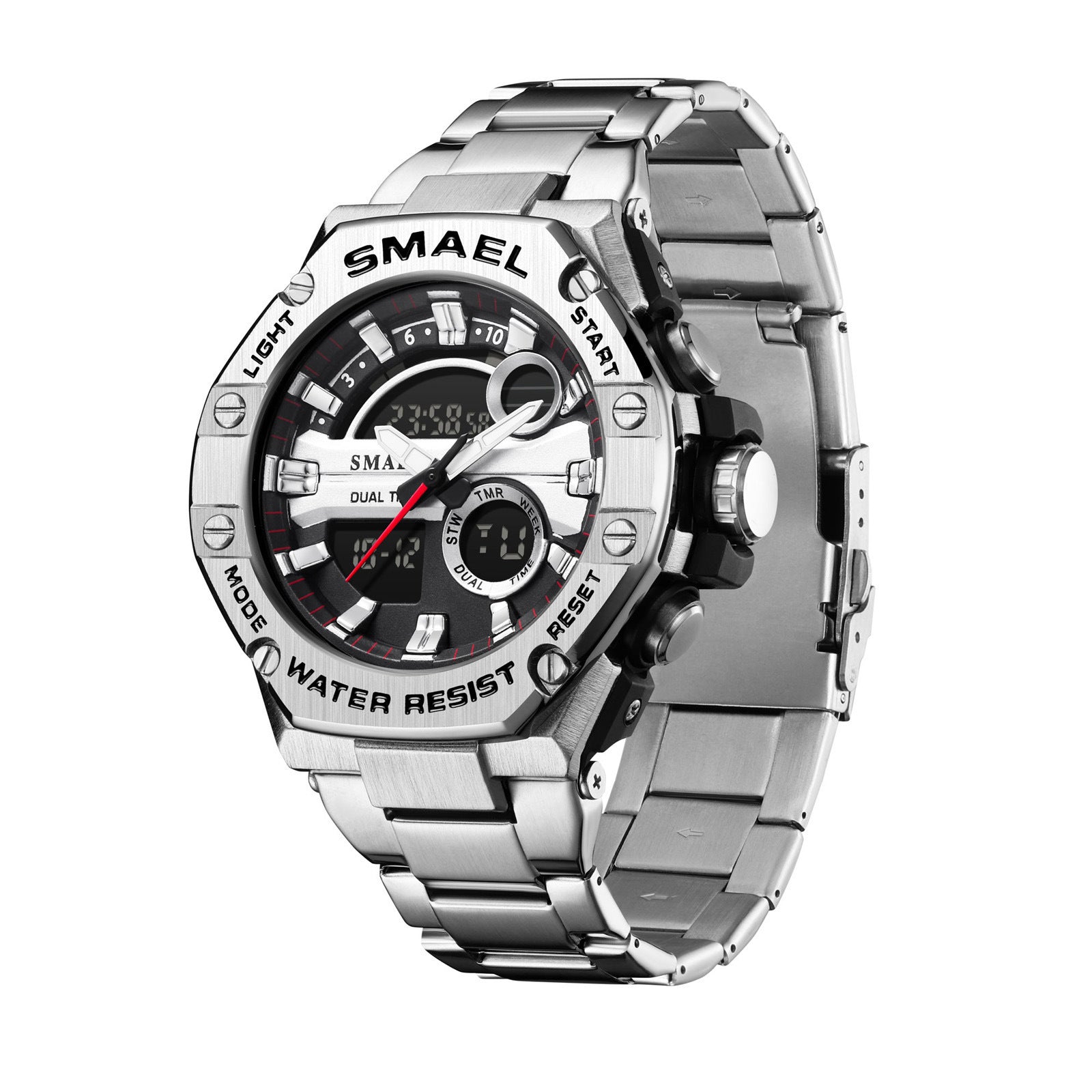SMAEL Orologio elettronico al quarzo con cinturino in acciaio inossidabile, sveglia, orologio sportivo alla moda, orologio con doppio fuso orario