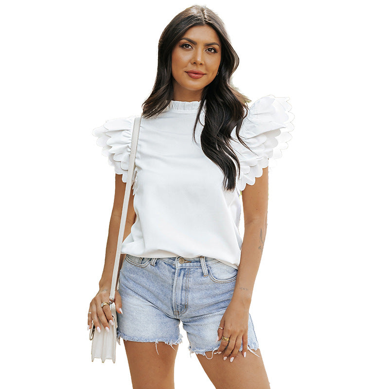 Women's Ruffled Sleeve Chiffon Blouse Solid Color Pullover Casual Style Ruffled Sleeves Fashionable Women's Dress