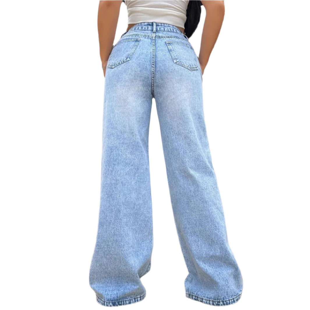 Women's New Ripped Washed Jeans Style Loose Straight Wide Leg Denim Pants Simple Casual Women's Fashion Jeans