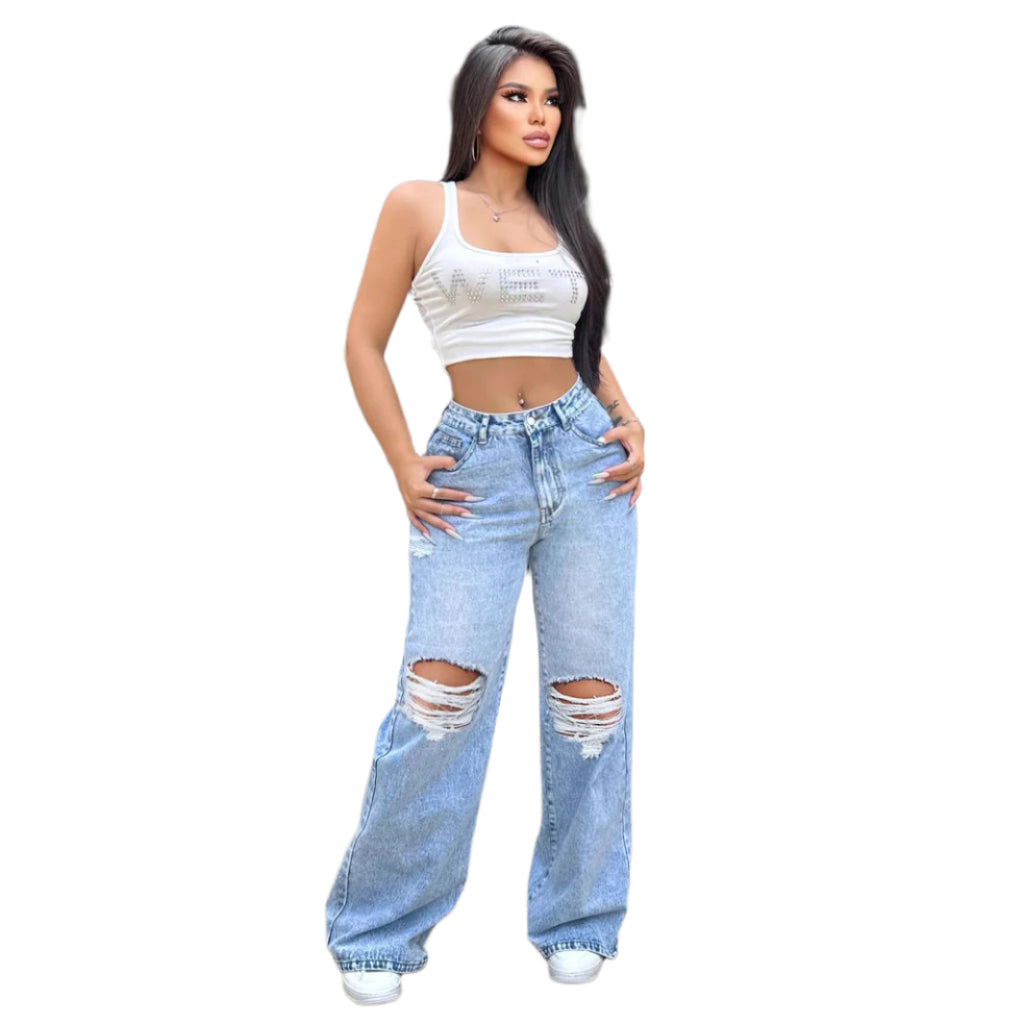 Women's New Ripped Washed Jeans Style Loose Straight Wide Leg Denim Pants Simple Casual Women's Fashion Jeans