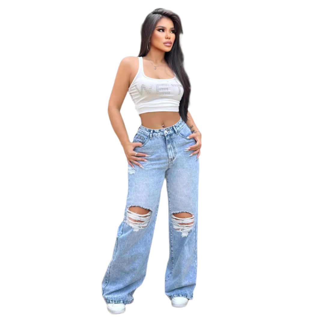 Jeans da donna nuovi, strappati e lavati, stile pantaloni larghi e dritti in denim, semplici e casual, alla moda da donna
