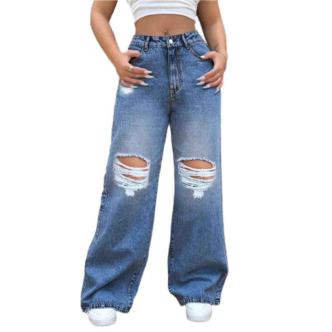 Women's New Ripped Washed Jeans Style Loose Straight Wide Leg Denim Pants Simple Casual Women's Fashion Jeans