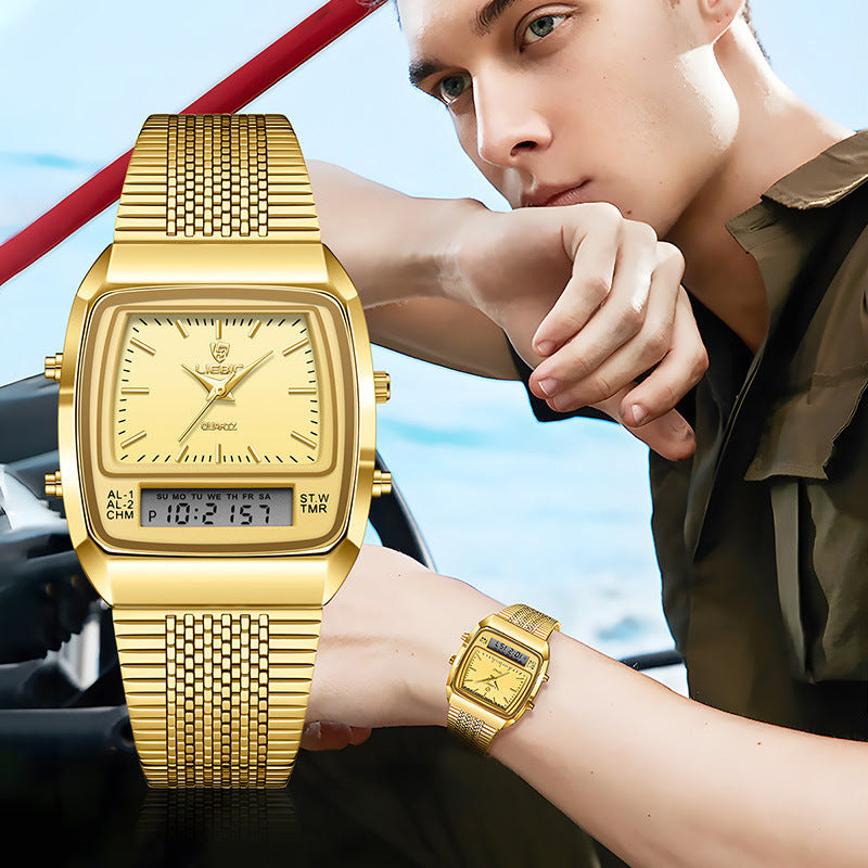 Orologio da polso digitale da uomo LIEBIG con cinturino in acciaio dorato, al quarzo, con doppio fuso orario e display settimanale, impermeabile