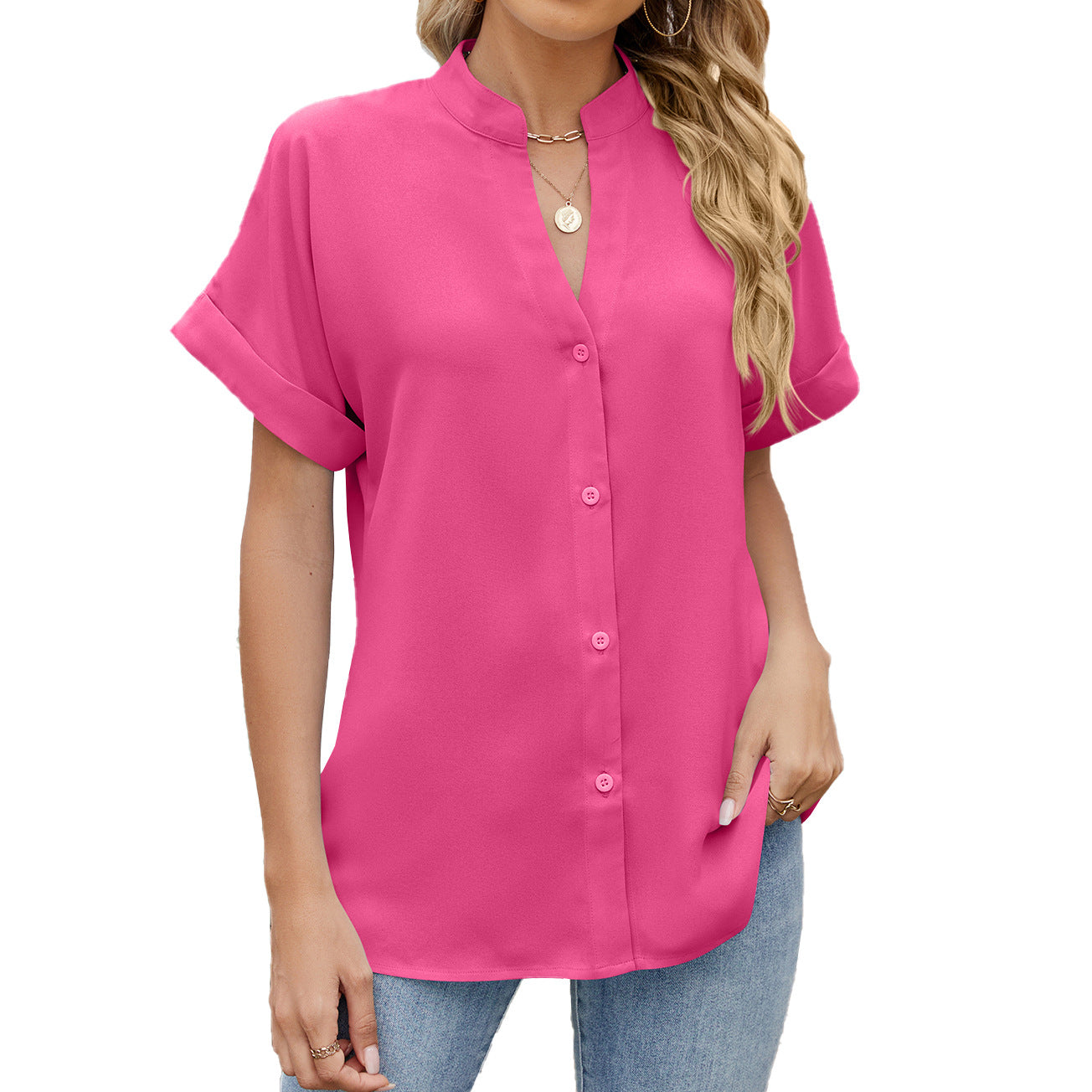 Women's Fashionable Solid Color And V-neck Loose Short Sleeve Button Women's Chiffon Shirt Casual Women's Dress