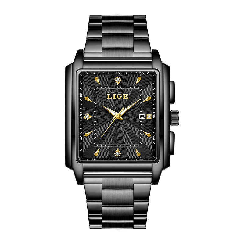 Lige Men's Business Casual Square Large Dial Steel Belt Watch Gold Color Quartz Automatic Movement Waterproof Watch - Acquisti Online