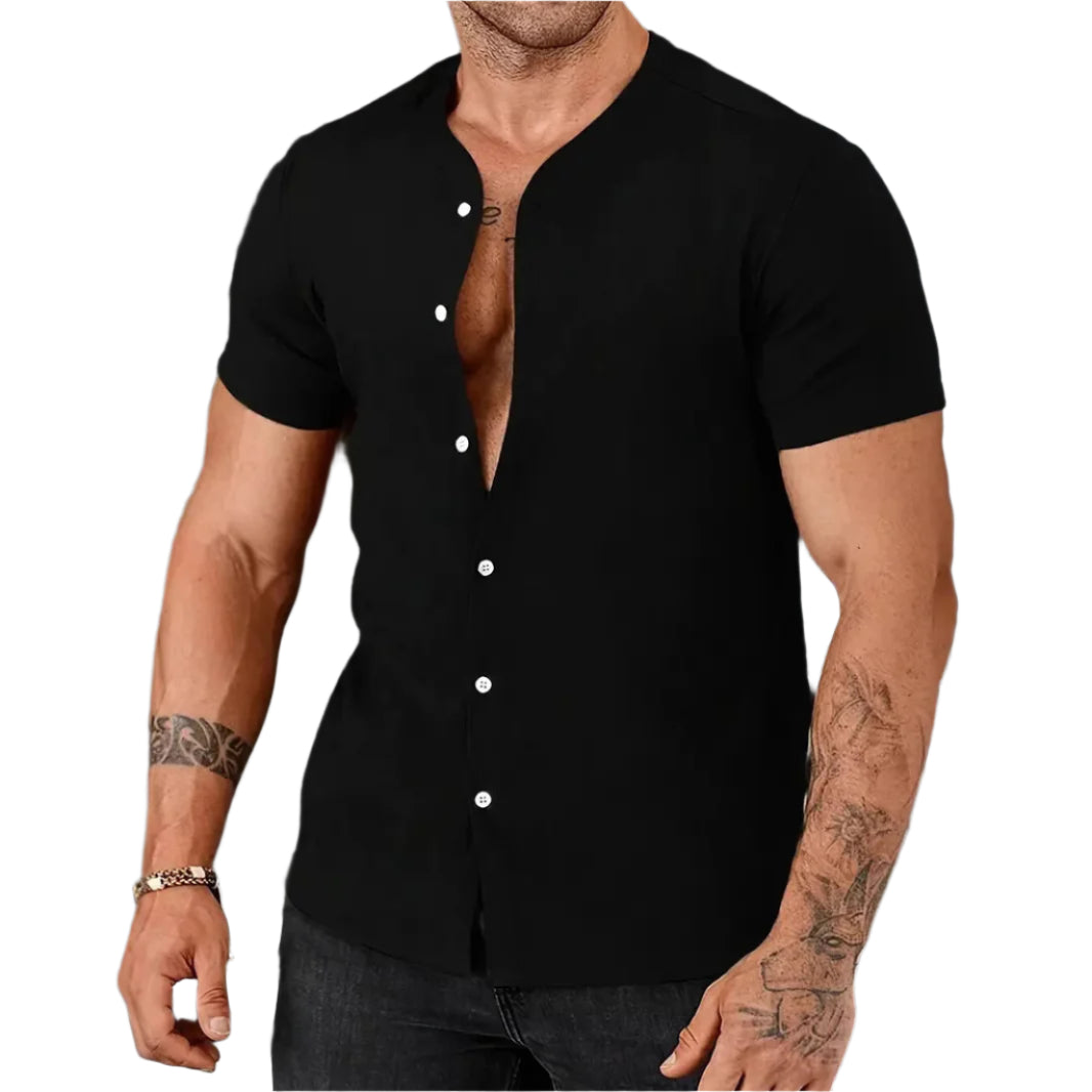 Nieuwe Cardigan Stand Collar Heren Korte Mouw Overhemden