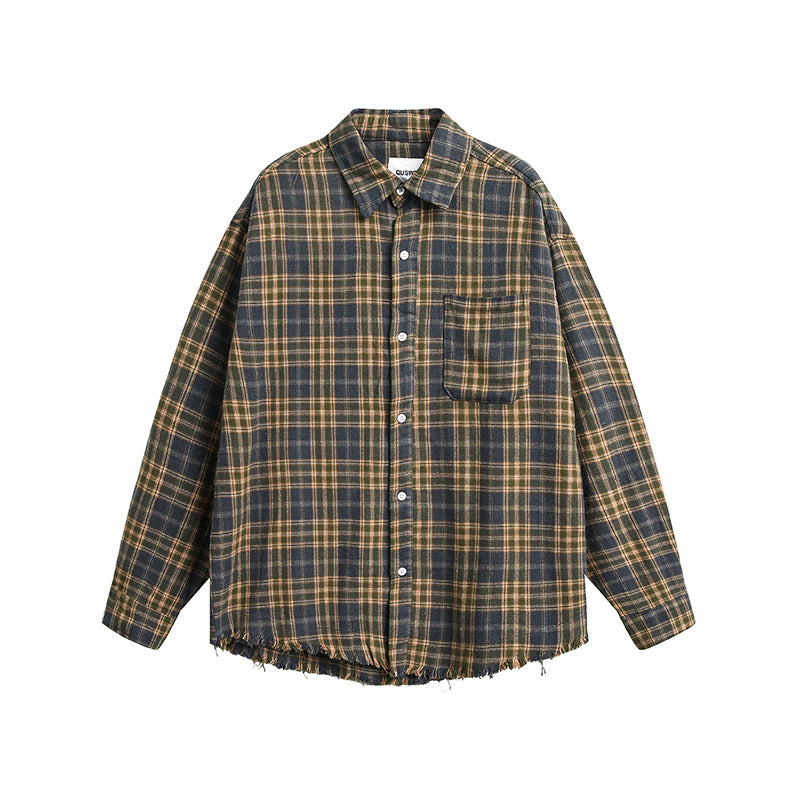 Men's Fashion Vintage Brushed Plaid Long Sleeve Shirt Plaid Flannel Padded Shirt Front Snap Buttons Men's Shirt