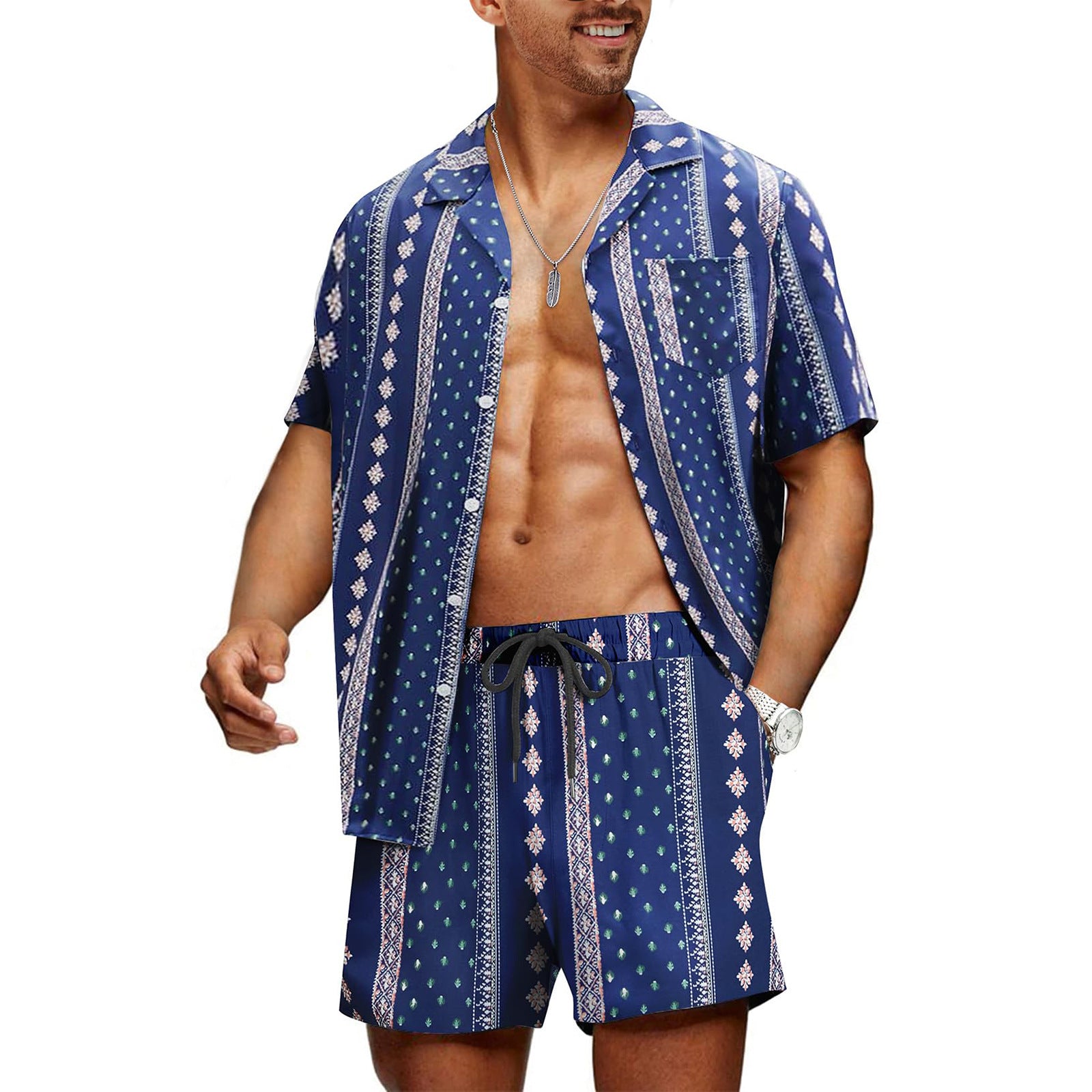Modieuze outfit met gestreept overhemd met korte mouwen en Cubaanse kraag