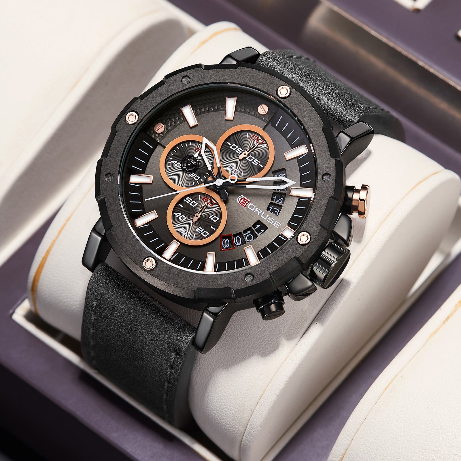BORUSE Men's Business Quartz Watch Luxury Round Men's Watch Leather Strap Analog Calendar Men's Watch