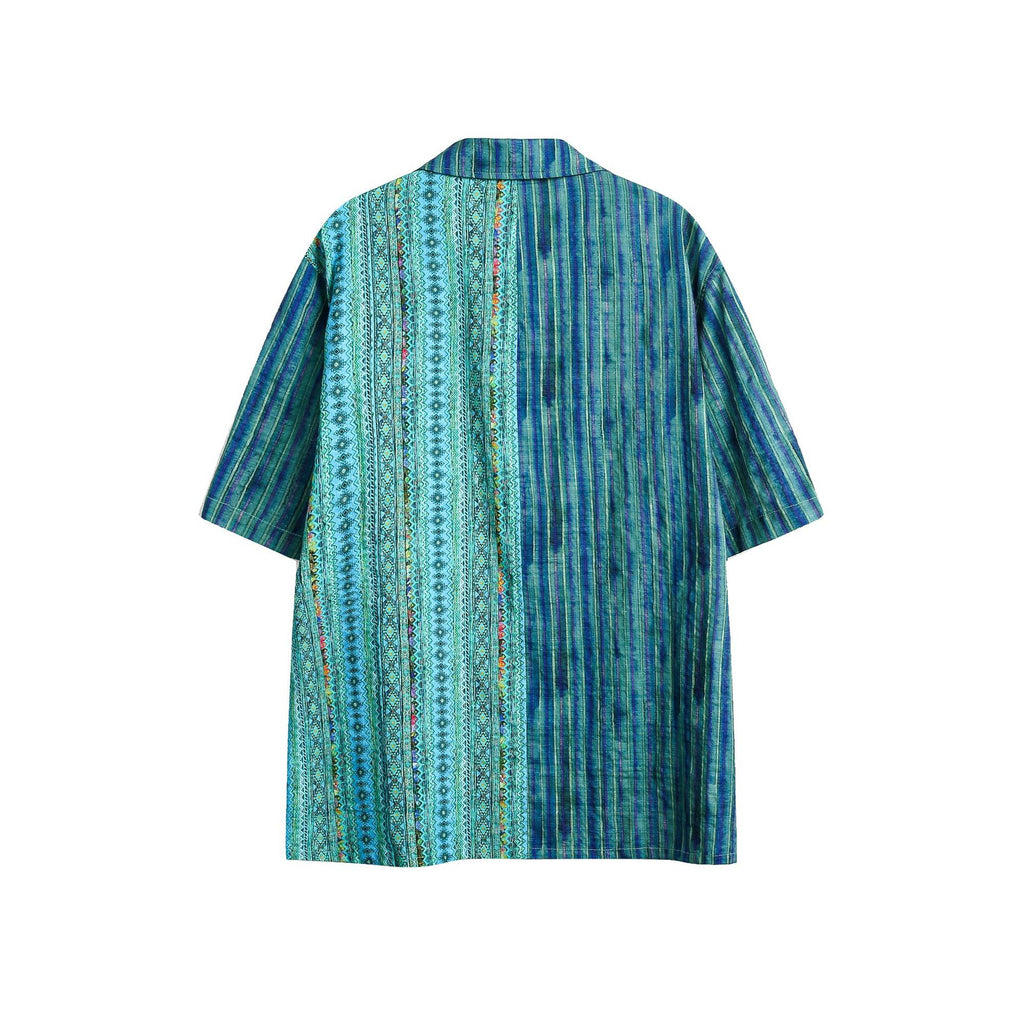 Mode Retro Etnische Stijl Patchwork Strepen Korte Mouw Heren Los Overhemd