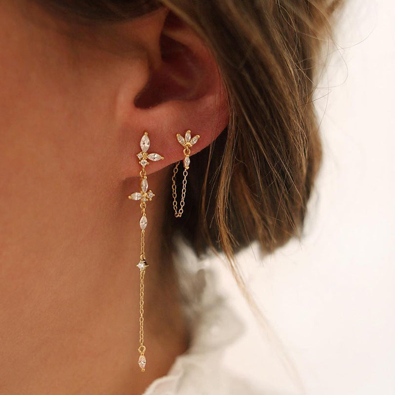 Luxe damesoorbellen van 925 zilver met kristallen vlinderhanger en lange ketting, 18K bruidsoorbellen, modieuze damesoorbellen
