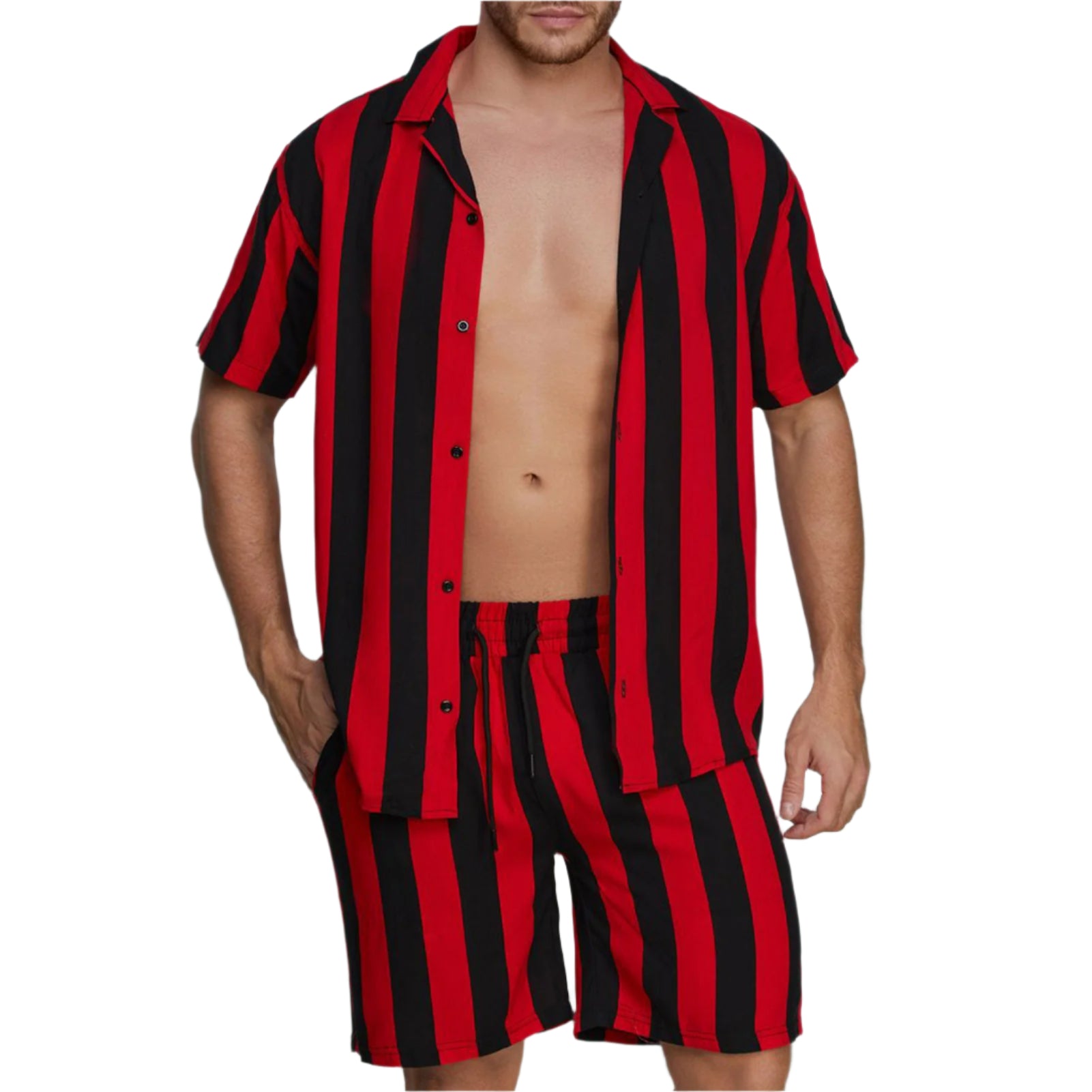 Men's Fashionable Casual Shirt Solid Color Cuban Collar Striped Short Sleeve Shirt Slim Fit Polyester Fiber Men's Casual Shirt