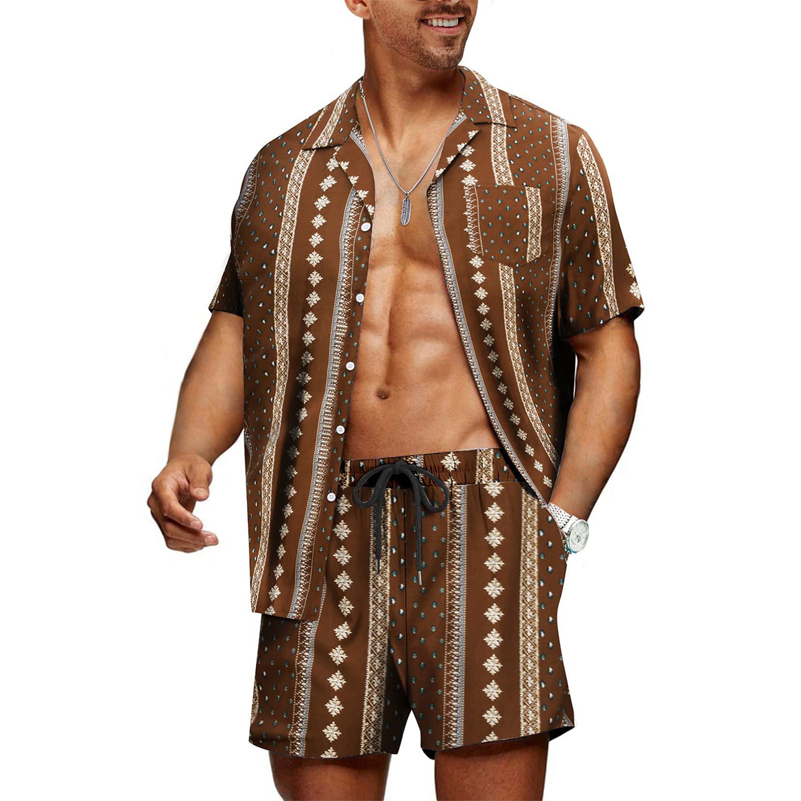 Modieuze outfit met gestreept overhemd met korte mouwen en Cubaanse kraag