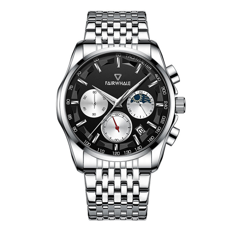 Orologio da polso Mark Fairwale Fashion, orologio multifunzione al quarzo Three Eyes Timing da uomo con fasi lunari.