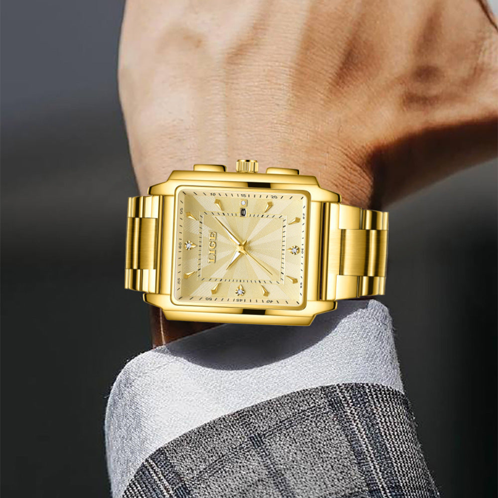 Lige Men's Business Casual Square Large Dial Steel Belt Watch Gold Color Quartz Automatic Movement Waterproof Watch - Acquisti Online