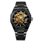 Orologio da polso meccanico automatico da uomo a forma di ingranaggio con quadrante scheletrato, orologio meccanico automatico di lusso da uomo con quadrante analogico scheletrato, ultimo stile alla moda con orologio in acciaio inossidabile