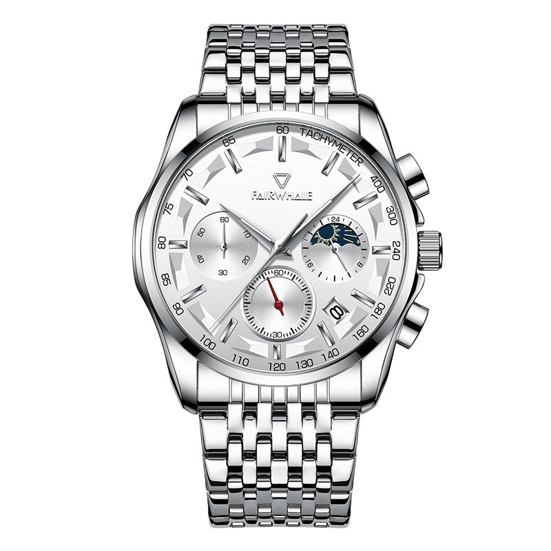 Orologio da polso Mark Fairwale Fashion, orologio multifunzione al quarzo Three Eyes Timing da uomo con fasi lunari.
