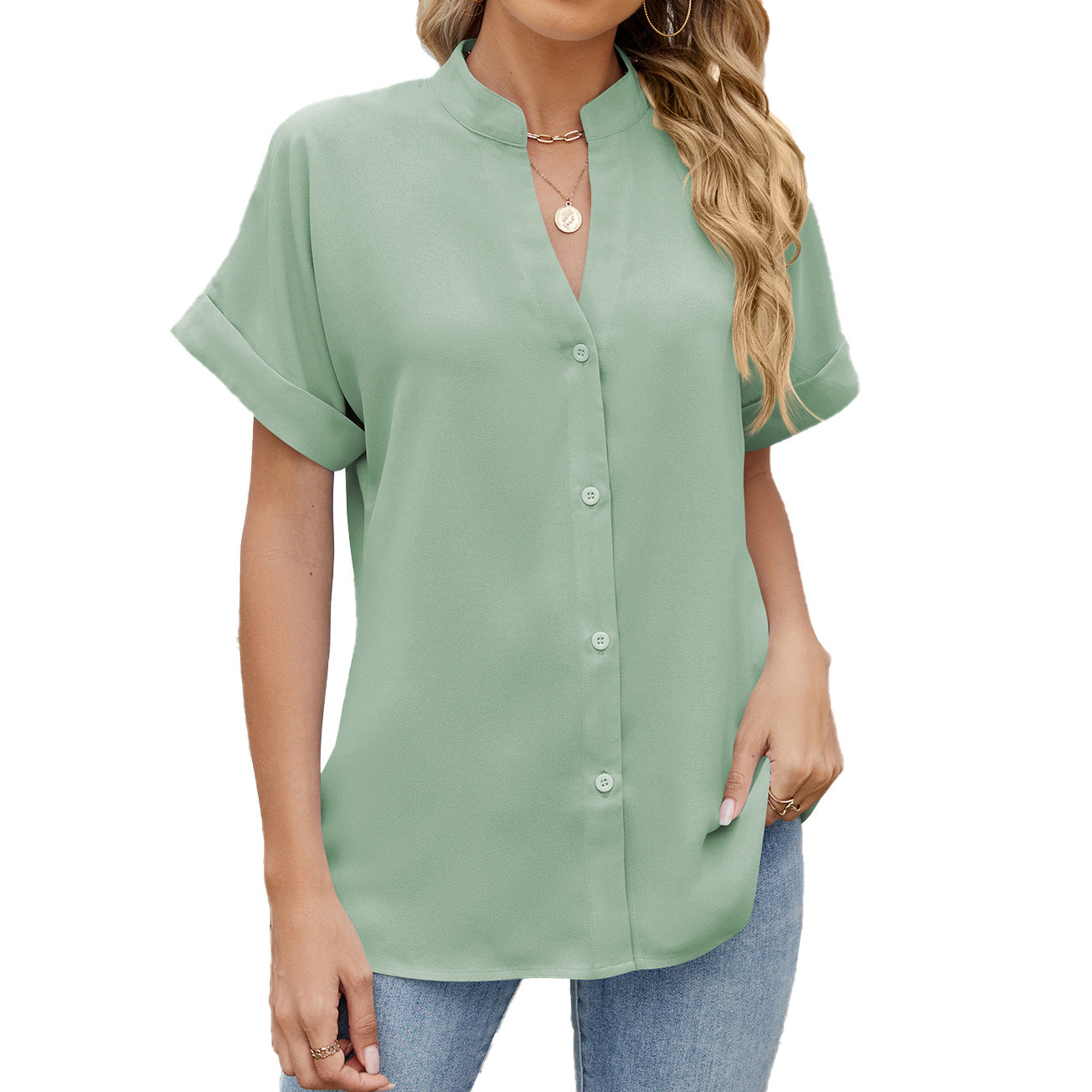 Effen kleur en V-hals losse korte mouwen knoop dames chiffon overhemd