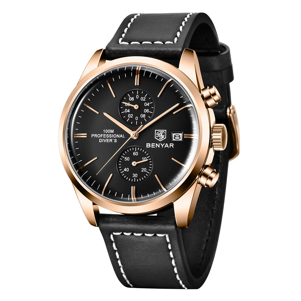 BENYAR new multifunctional quartz leather watch business leisure men's watch Men's Waterproof Quartz Watch