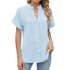 Solid Color And V-neck Loose Short Sleeve Button Women's Chiffon Shirt