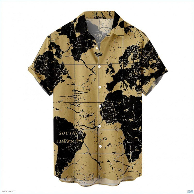 Men's Fashionable Casual Shirt Plus Size Solid Color 3D Digital Printed Polyester Short Sleeve Hawaiian Men's Casual Shirt