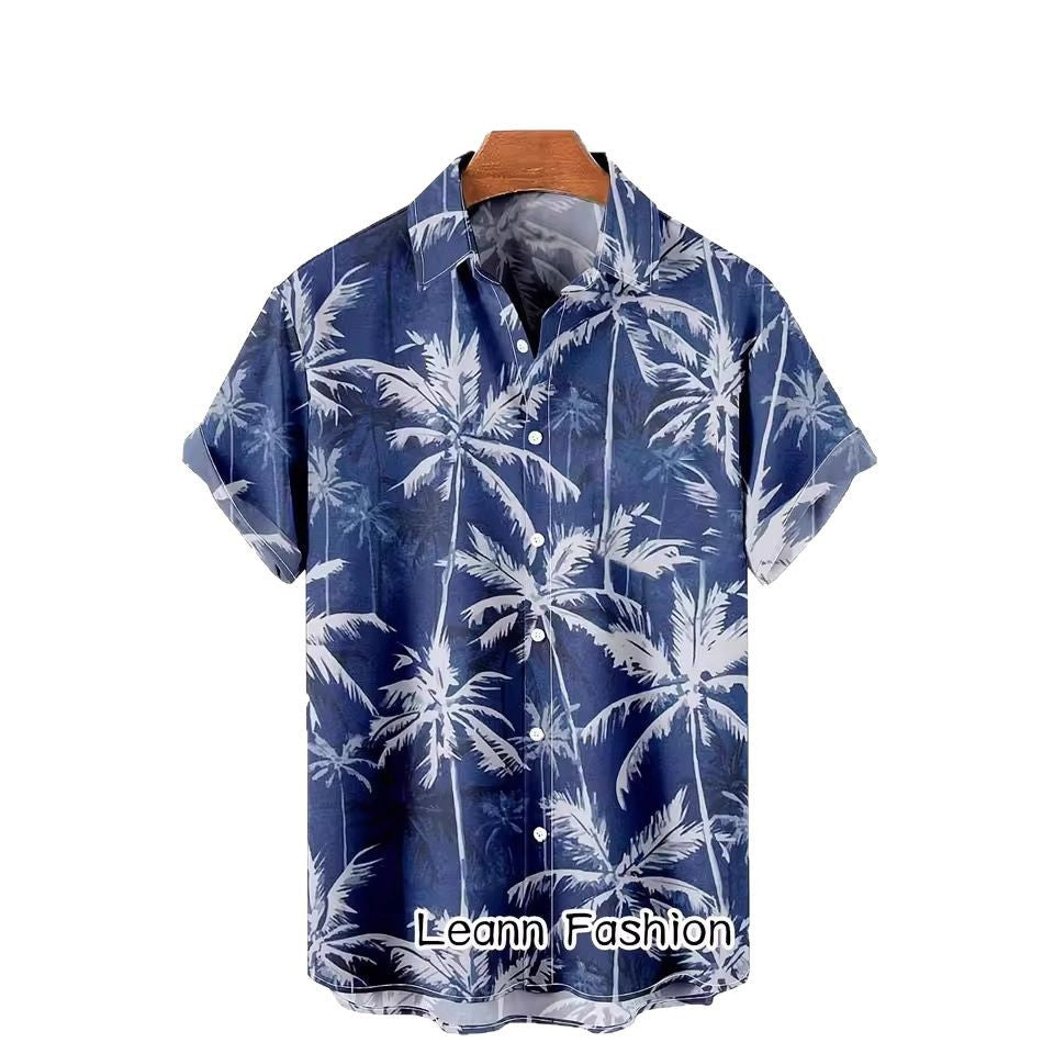 Men's Fashionable Casual Shirt Solid Color Polyester Fiber Cardigan Loose Short Sleeve 3D Printed Men's Hawaiian Shirt