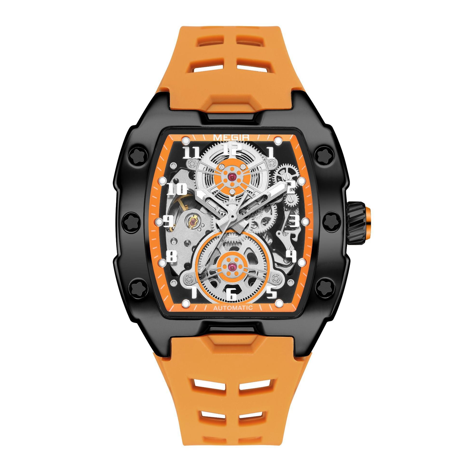 MEGIR 8602 Fashion Orange Men's Automatic Watch Waterproof Luminous Mechanical Wristwatch Hollow Tonneau Dial Silicone Strap