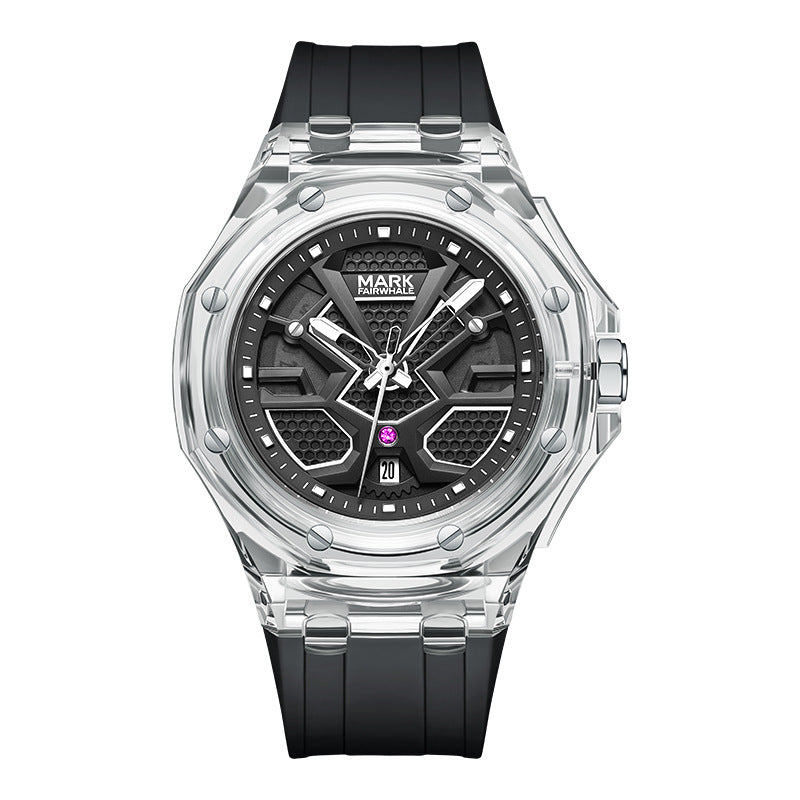 FAIRWHALE Herenhorloge Mode Transparant Kastontwerp Lichtgevende Kalender Waterdicht Quartz Horloge voor Heren