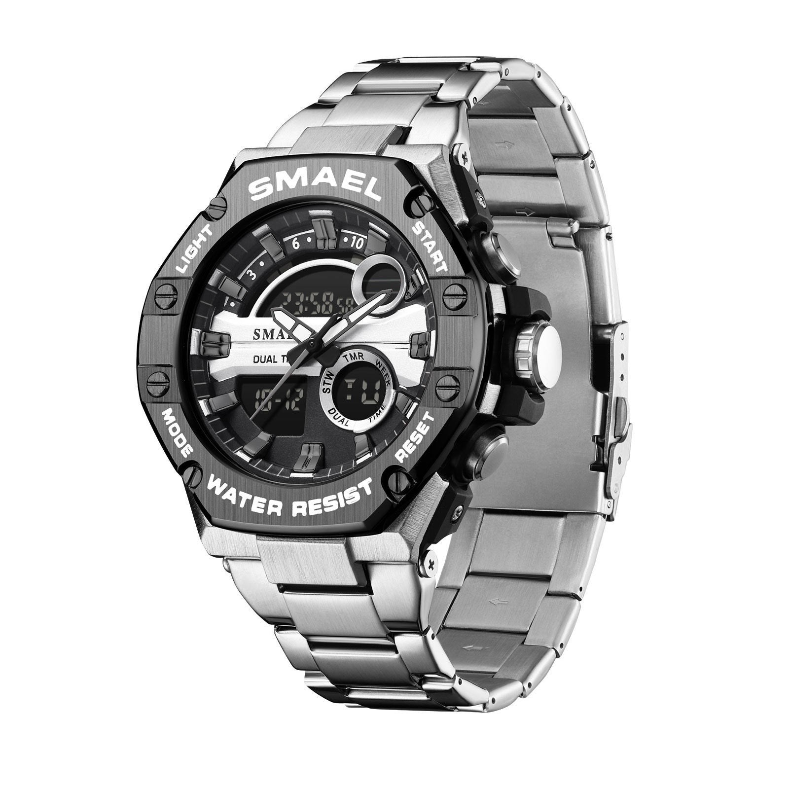 SMAEL Stainless Steel Band Quartz Electronic Watch Alarm Clocks Fashion Sports Watches Dual Time Display Watch