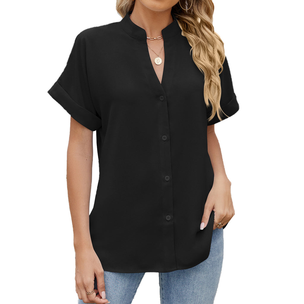 Solid Color And V-neck Loose Short Sleeve Button Women's Chiffon Shirt