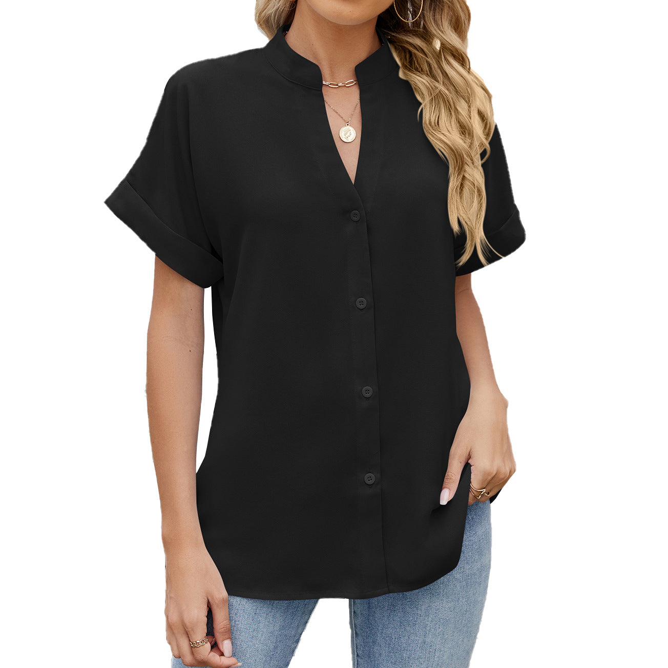 Effen kleur en V-hals losse korte mouwen knoop dames chiffon overhemd