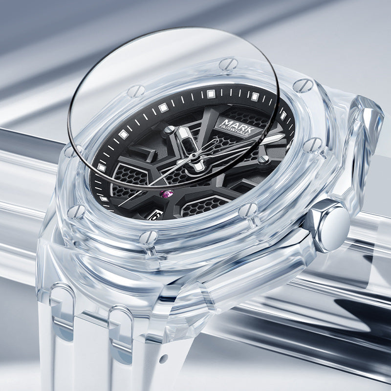 Orologio da uomo FAIRWHALE con cassa trasparente, design alla moda, calendario luminoso, orologio al quarzo impermeabile per uomo