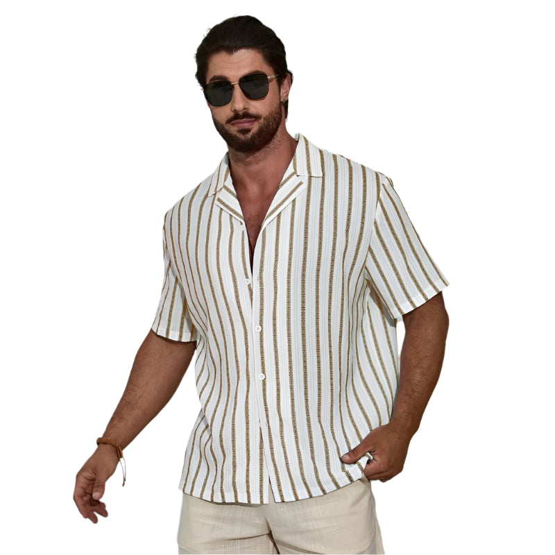 Men's Fashionable Casual Shirt Solid Color Geometric Contrast Color Striped 3D Digital Printing Men's Short Sleeve Shirt