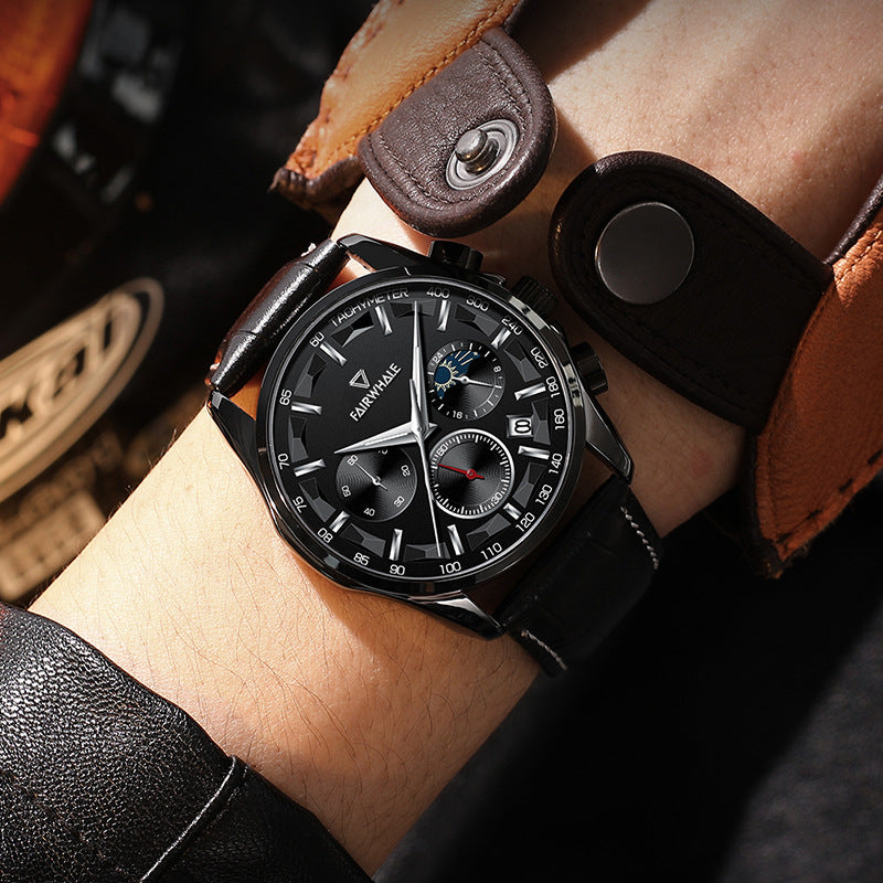 Mark Fairwhale Fashion Watch Three Eyes Timing Multi-Fuction Quartz Watches For Men Moonphase Wristwatch