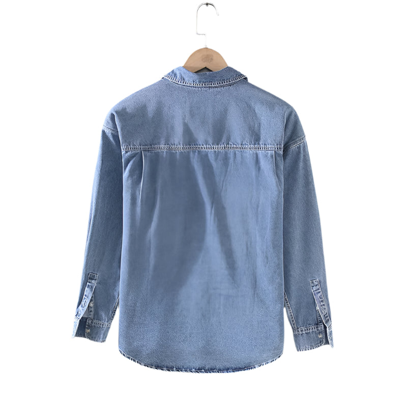 Herenstijl Retro Rewash Dubbele Tas Heren Lange Mouw Lichte Kleur Denim Shirt