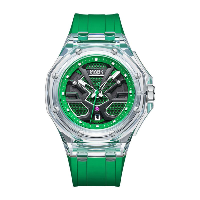 Orologio da uomo FAIRWHALE con cassa trasparente, design alla moda, calendario luminoso, orologio al quarzo impermeabile per uomo