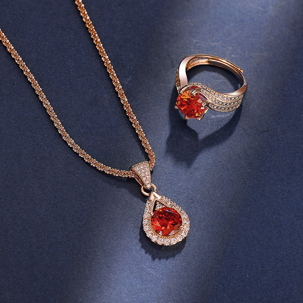 Women's Garnet Zircon Champagne Gold Ring Necklace