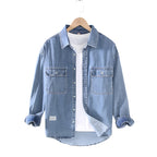 Herenstijl Retro Rewash Dubbele Tas Heren Lange Mouw Lichte Kleur Denim Shirt