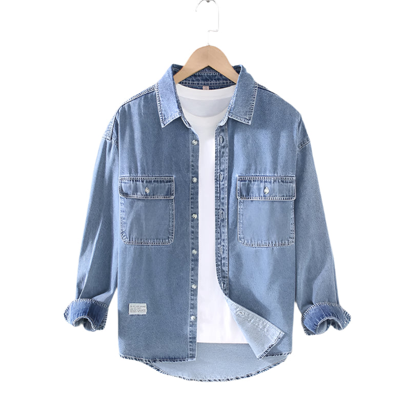 Men's Fashionable Casual Shirt Solid Color Retro Rewash Double Bag Men's Long Sleeve Light Color Men's Denim Shirt