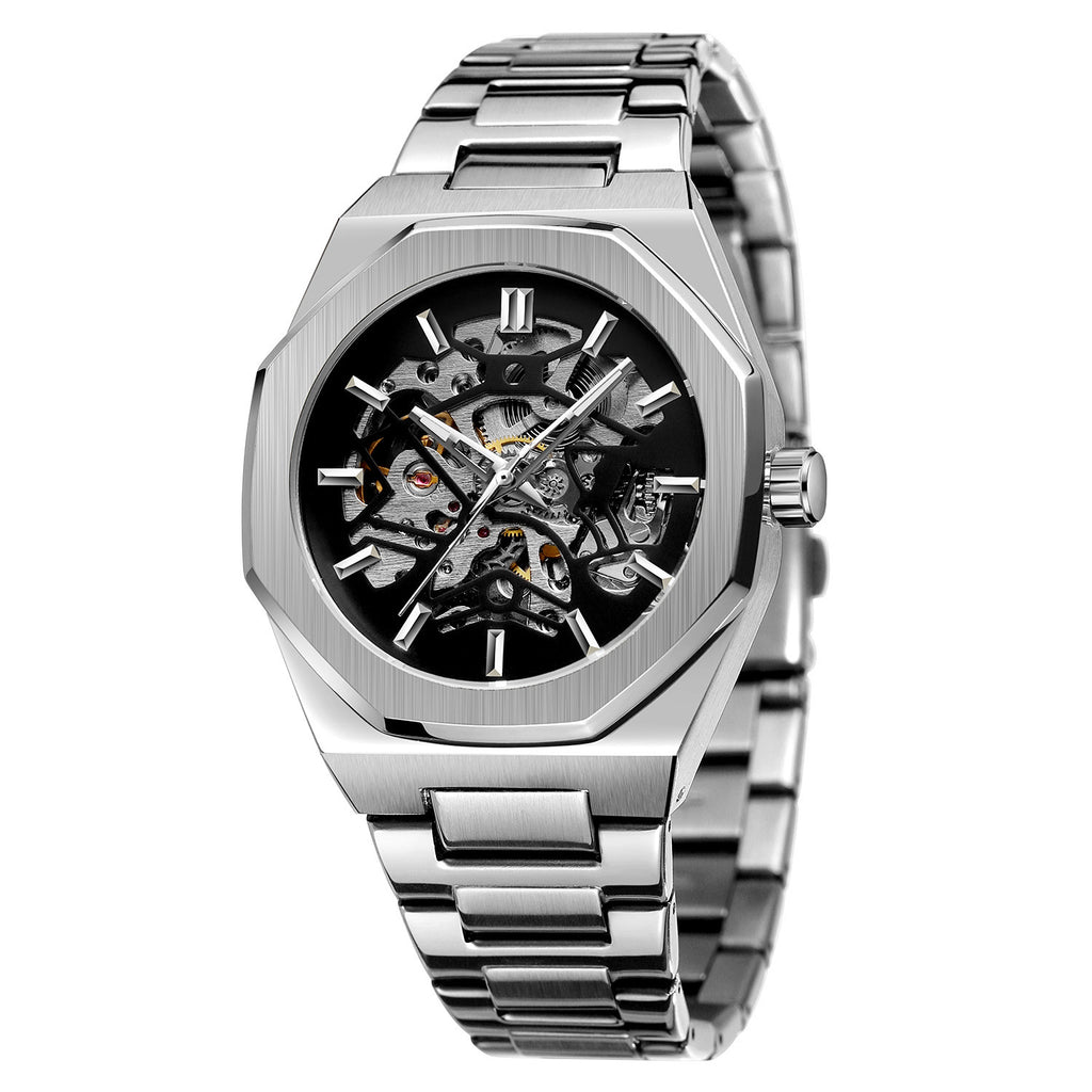 Orologio da polso meccanico automatico da uomo a forma di ingranaggio con quadrante scheletrato, orologio meccanico automatico di lusso da uomo con quadrante analogico scheletrato, ultimo stile alla moda con orologio in acciaio inossidabile