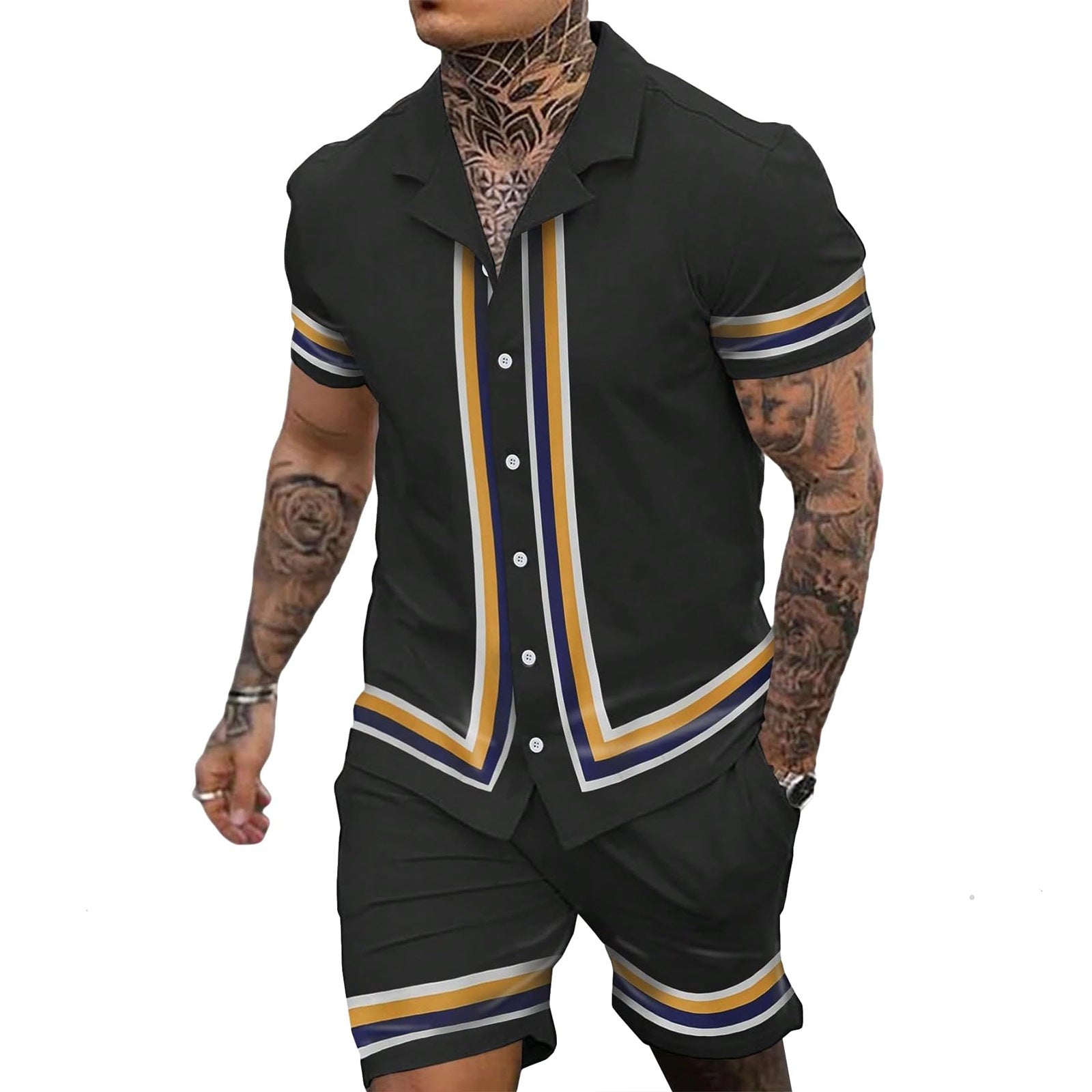 Men's Fashionable Casual Shirt Solid Color Cuban Collar Striped Short Sleeve Shirt Slim Fit Polyester Fiber Men's Casual Shirt