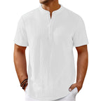 Heren Retro Katoenen en Linnen Strepen Henley Overhemd Casual Los Overhemd