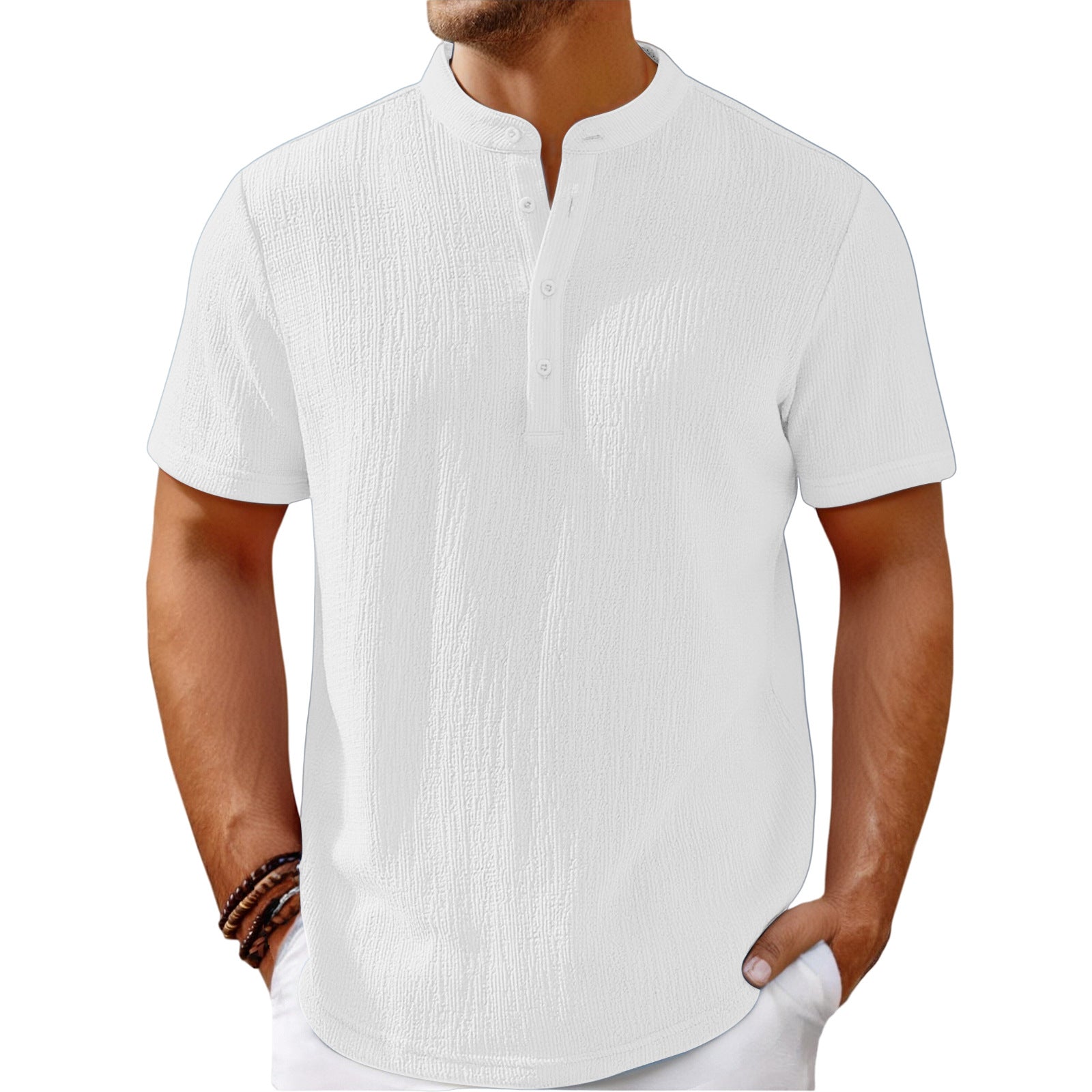 Men's Fashionable Casual Shirt Solid Color Retro Cotton And Linen Stripes Henley Shirt Casual Loose Men's Casual Shirt - Acquisti Online