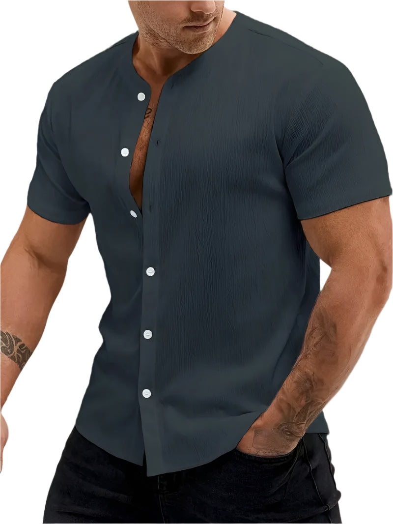 Nieuwe Cardigan Stand Collar Heren Korte Mouw Overhemden