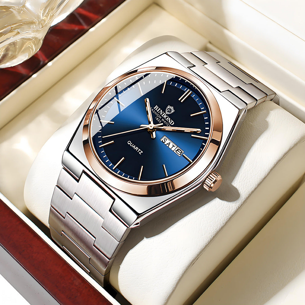 BINBOND Orologi da uomo al quarzo di lusso di alta marca, originali, impermeabili, luminosi, in acciaio inossidabile