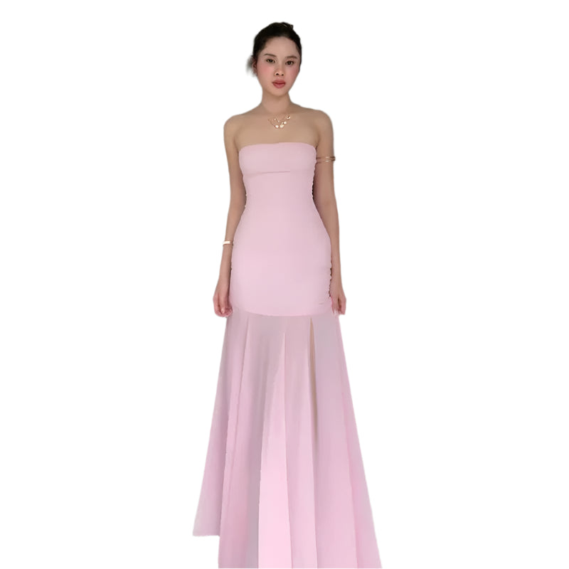 Women's Elegant Mesh Tube Top Dress Fashionable Elegant Style Mid Waist Hip Skirt Solid Color Women's Long Dress