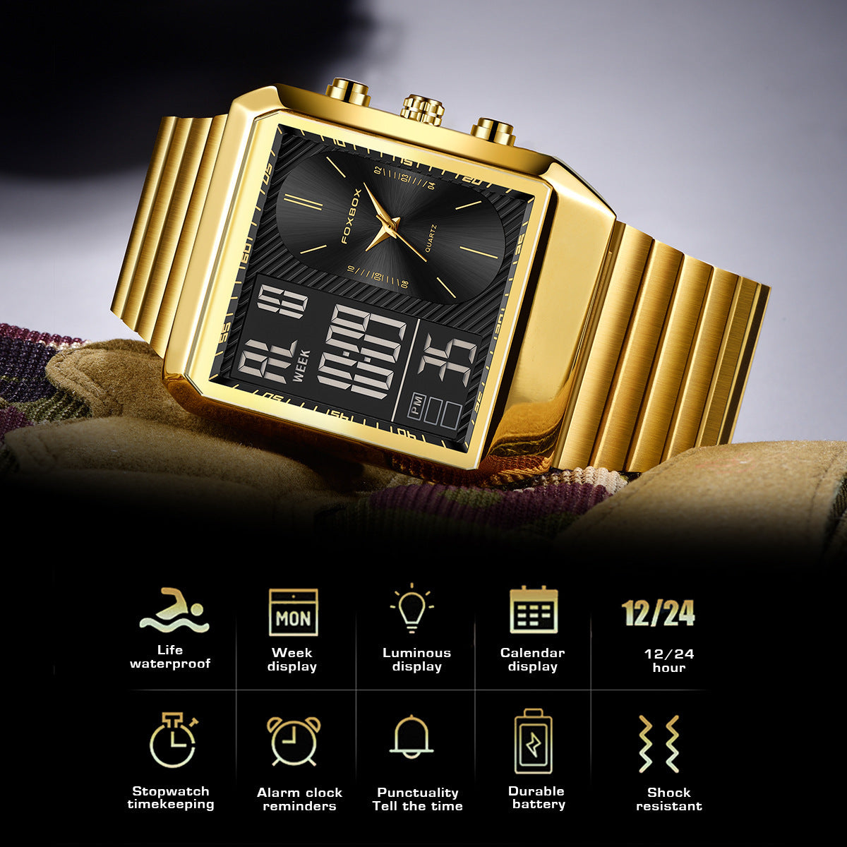 Foxbox Man Classic Stylish Watch Automatic Quartz Movement Steel Band Waterproof Men's Watch - Acquisti Online