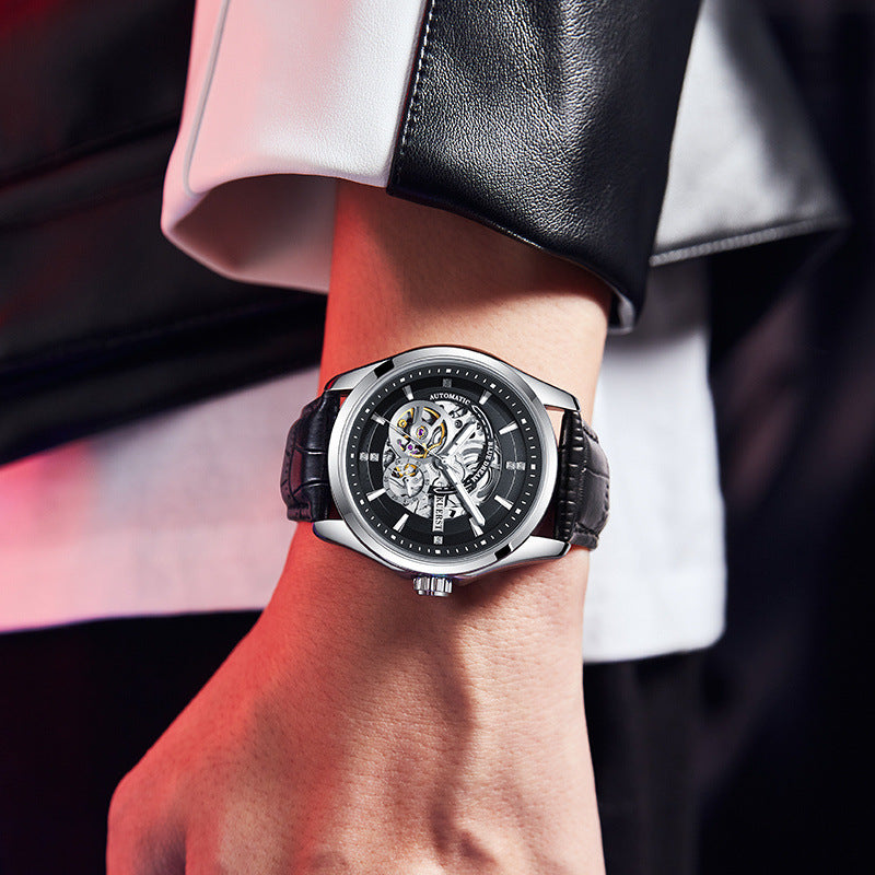 KUERST Automatic Mechanical Watch Double Press Arc Buckle Waterproof Double hollow Luminous Automatic Mechanical Watch