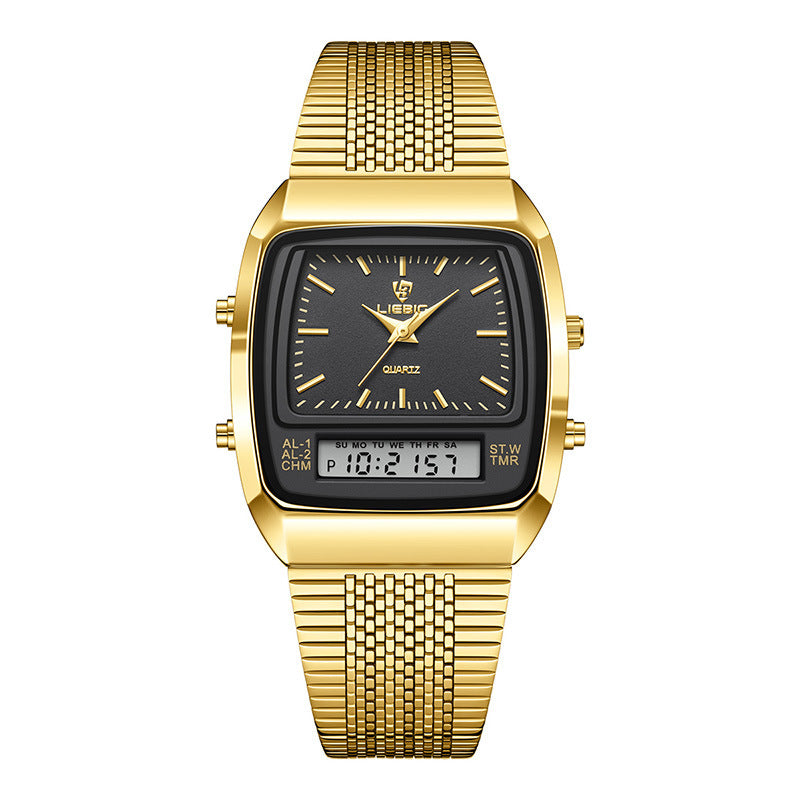 Orologio da polso digitale da uomo LIEBIG con cinturino in acciaio dorato, al quarzo, con doppio fuso orario e display settimanale, impermeabile