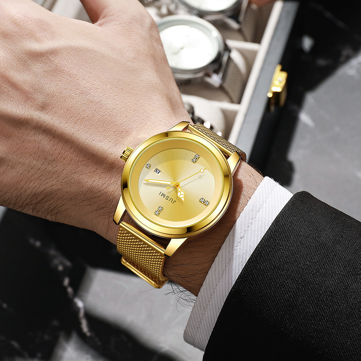 Orologio al quarzo di lusso da uomo con quadrante in acciaio inossidabile, orologio da polso casual, orologio al quarzo con cinturino in maglia metallica Atmosphere